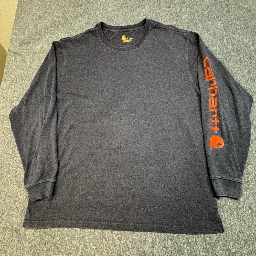 Carhartt Mens XL Long Sleeve‎ T-Shirt Charcoal Gray Orange Sleeve Logo K231 CRH - Picture 3 of 8